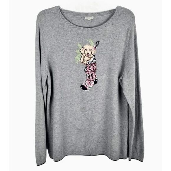 TALBOTS Holiday Sweater 2X Gray Puppy Stocking Stuffer Rainbow Confetti - Picture 1 of 5